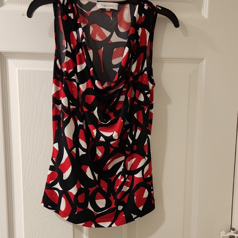 Calvin Klein Fitted Abstract Black & White Sleeveless Blouse Women's PS